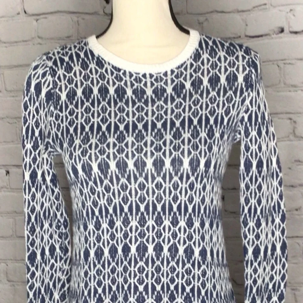 LOFT Blue and Ivory Linen Ikat Pullover Long Sleeve Sweater XSP